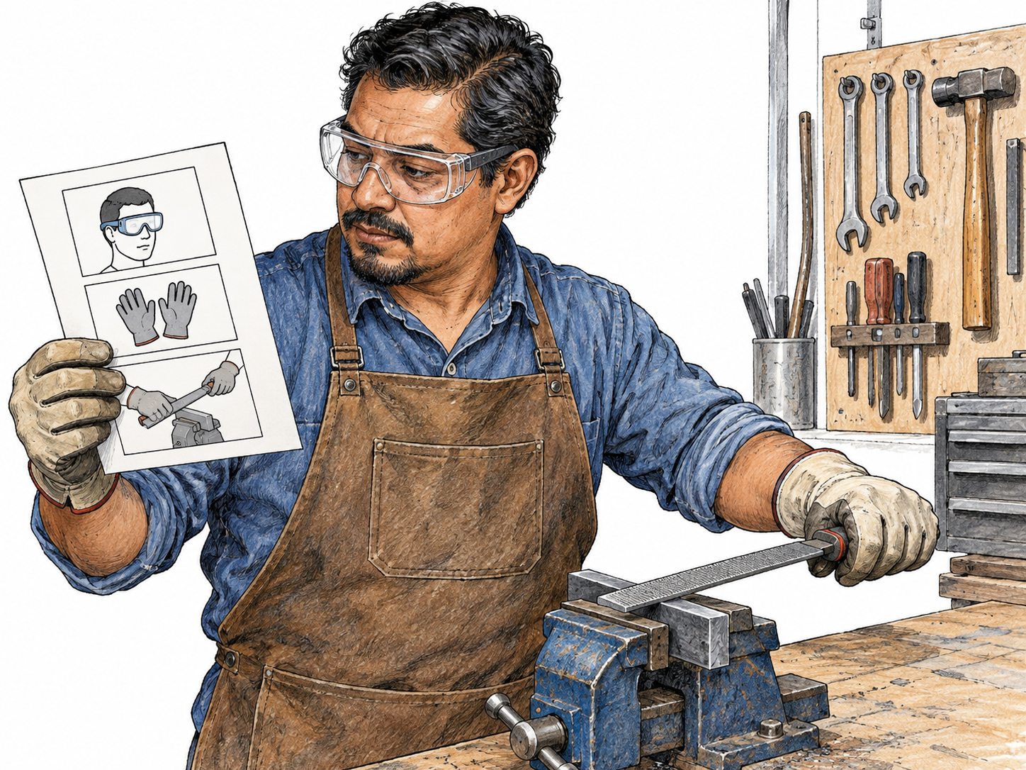 Workshop worker compares safety pictogram on a plain instruction sheet with actual goggles now worn, then performs the same depicted gloved tool procedure; matching prescribed conduct, no text.