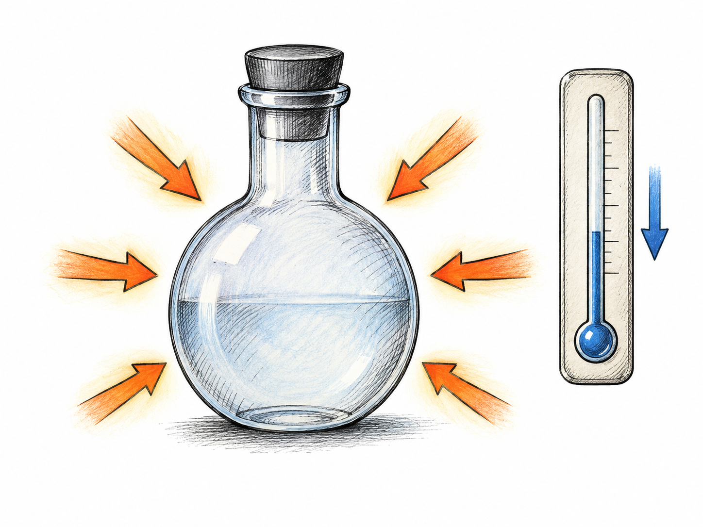 An isolated sealed reaction vessel absorbs heat from its surroundings, shown by several small arrows pointing inward and a nearby thermometer with a falling level; a conceptual endothermic process diagram, no ingredients, quantities, procedure or labels.