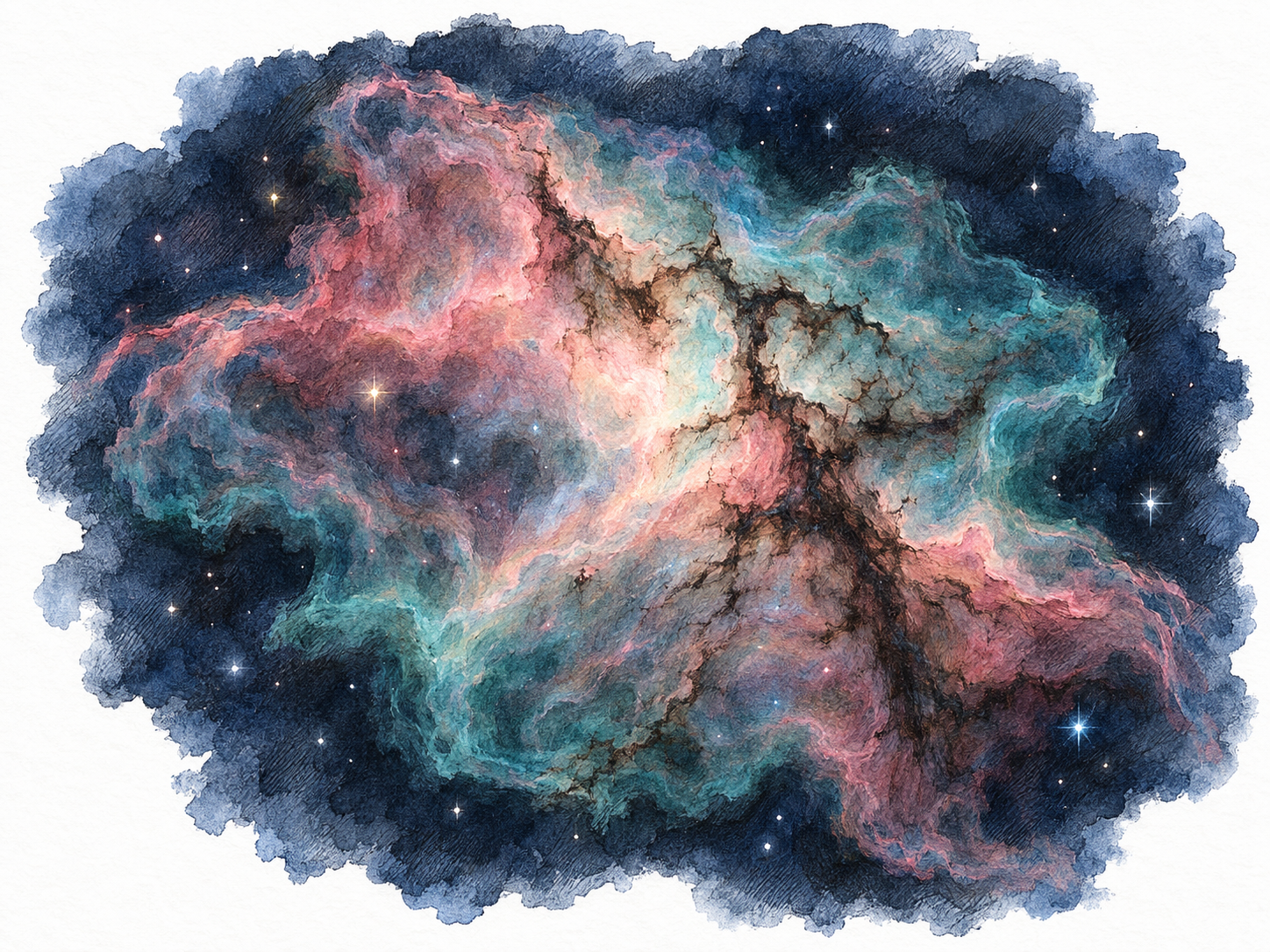 An irregular interstellar cloud with luminous gas filaments and dark branching dust lanes, surrounded by sparse stars in a small, softly bounded patch of space.