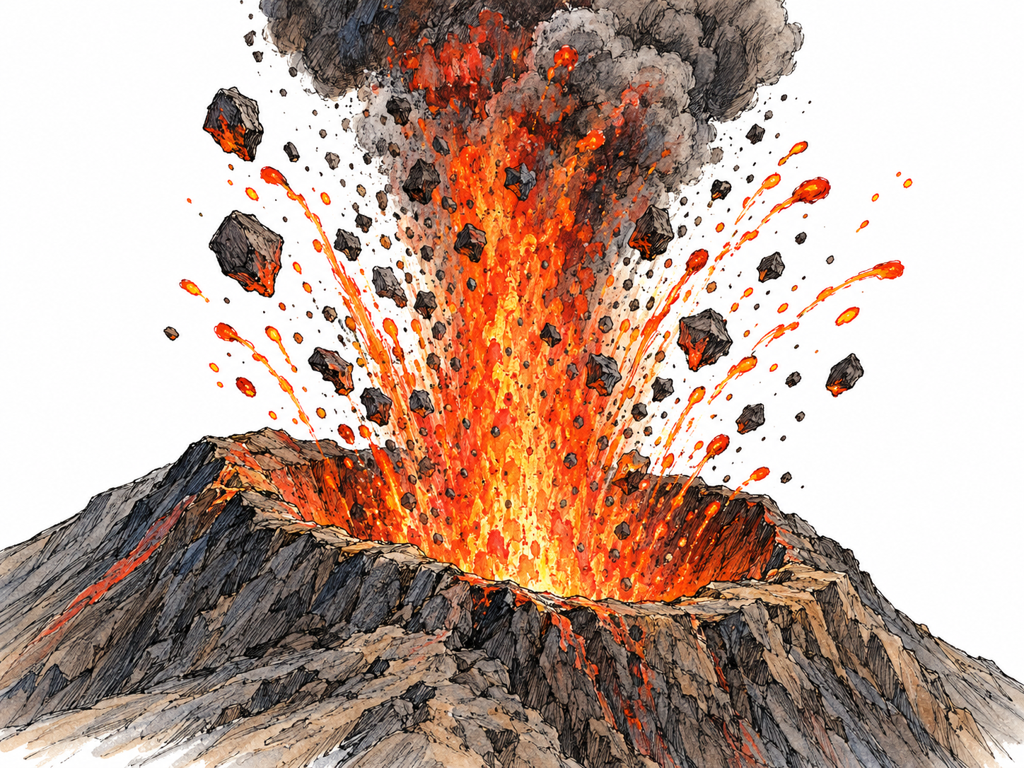 A volcanic crater forcefully spews glowing lava, ash and rock fragments upward in a visibly explosive burst.