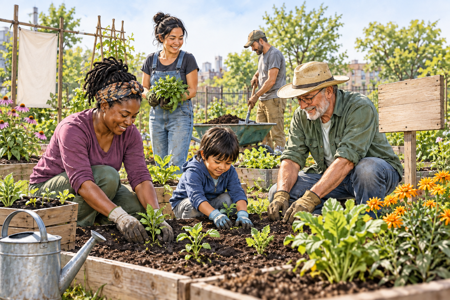 A community group gardens together, purposeful shared activity.