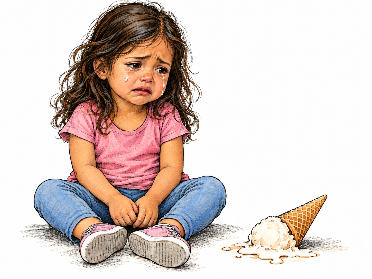 A tired toddler sits on the floor beside a dropped ice-cream cone, shoulders drooping, eyes wet with a few tears, and lower lip trembling in a small, weak whimper rather than a wide-mouthed howl.