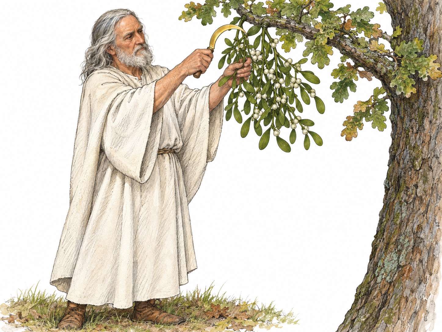 An ancient Gaulish druid in a plain white robe ceremonially cuts mistletoe from an oak with a small golden sickle, illustrating the ancient Celtic priest branch of the selected meaning.