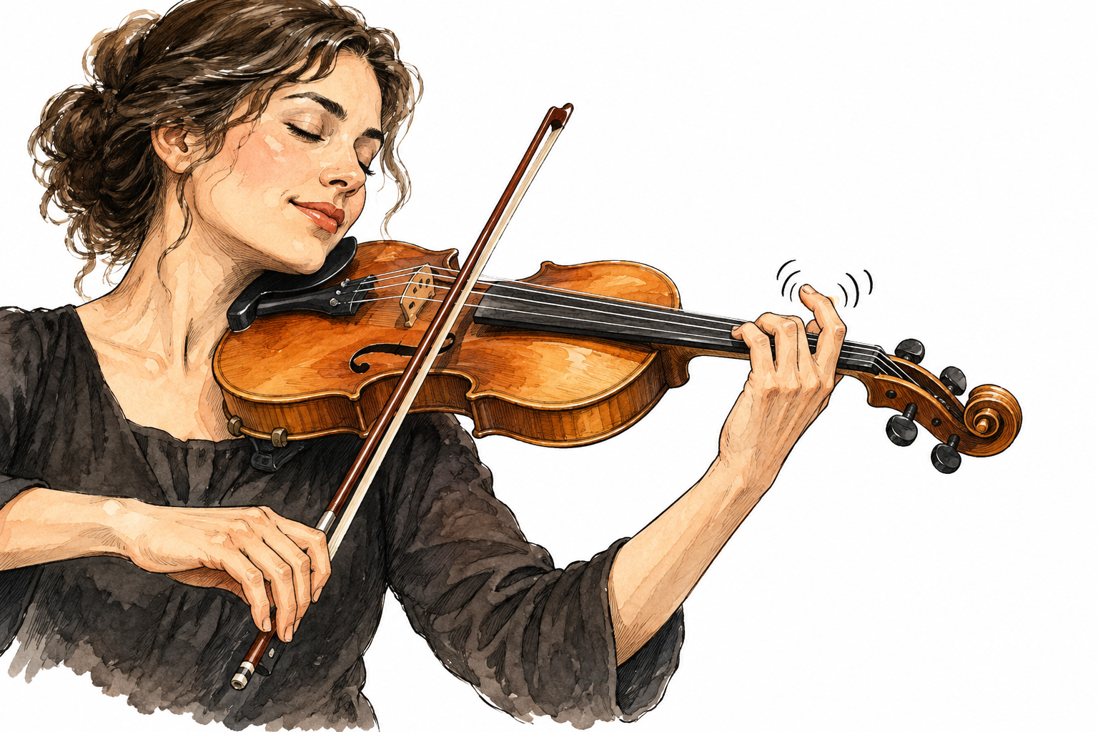 Violinist subtly rocks fingertip on stopped string while bowing, small curved movement marks at finger convey pitch wavering, no notation or writing.