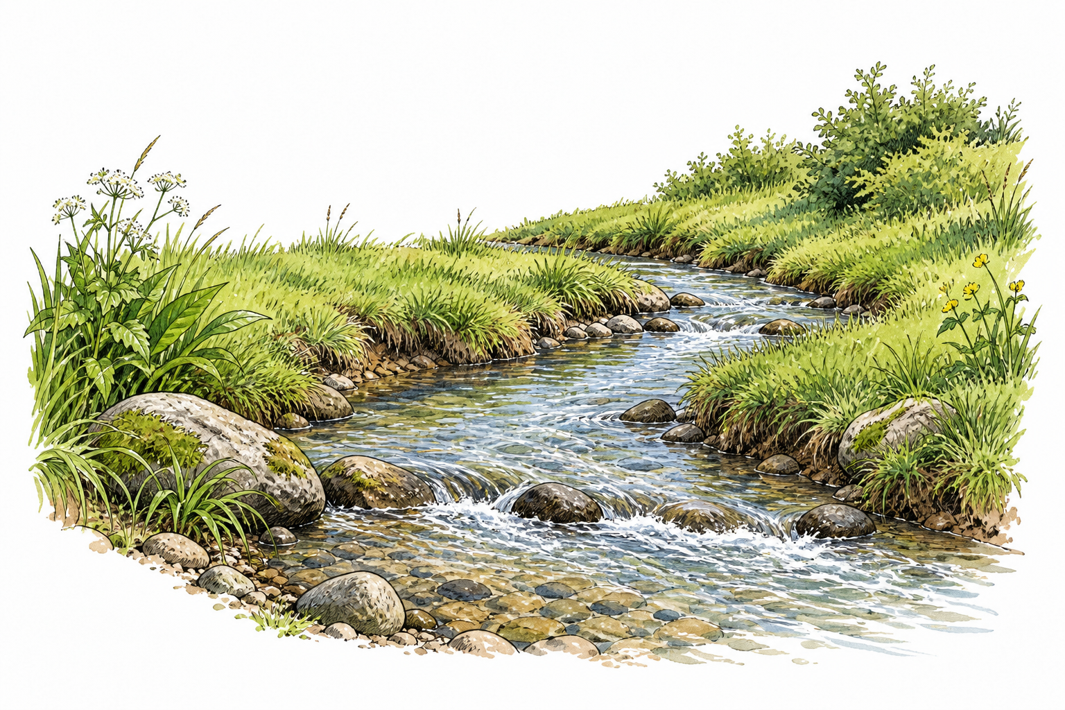 A small flowing watercourse winding through green banks with visible ripples over stones, clear narrow stream, no writing.
