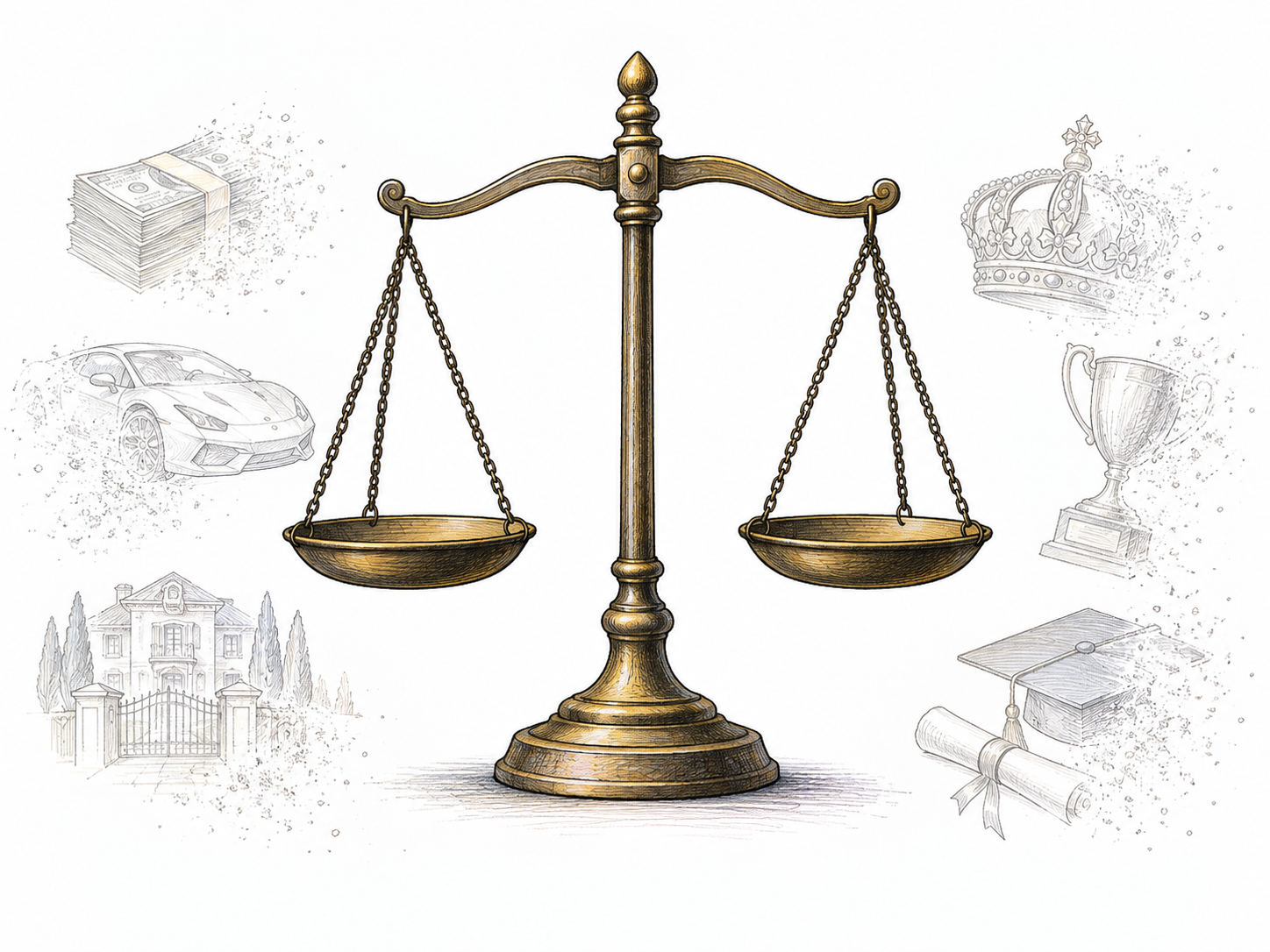 A quiet philosophical still life shows an empty balance scale above a blank center where traditional emblems of wealth, status and achievement fade into outline; conceptual absence of inherent value, no self-harm or psychiatric stereotype.