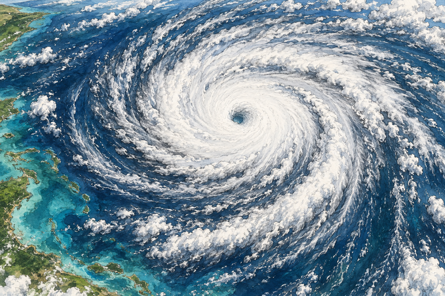 A large cyclone spirals over the ocean seen from above, clear central eye and rotating cloud bands, scientific natural scene.