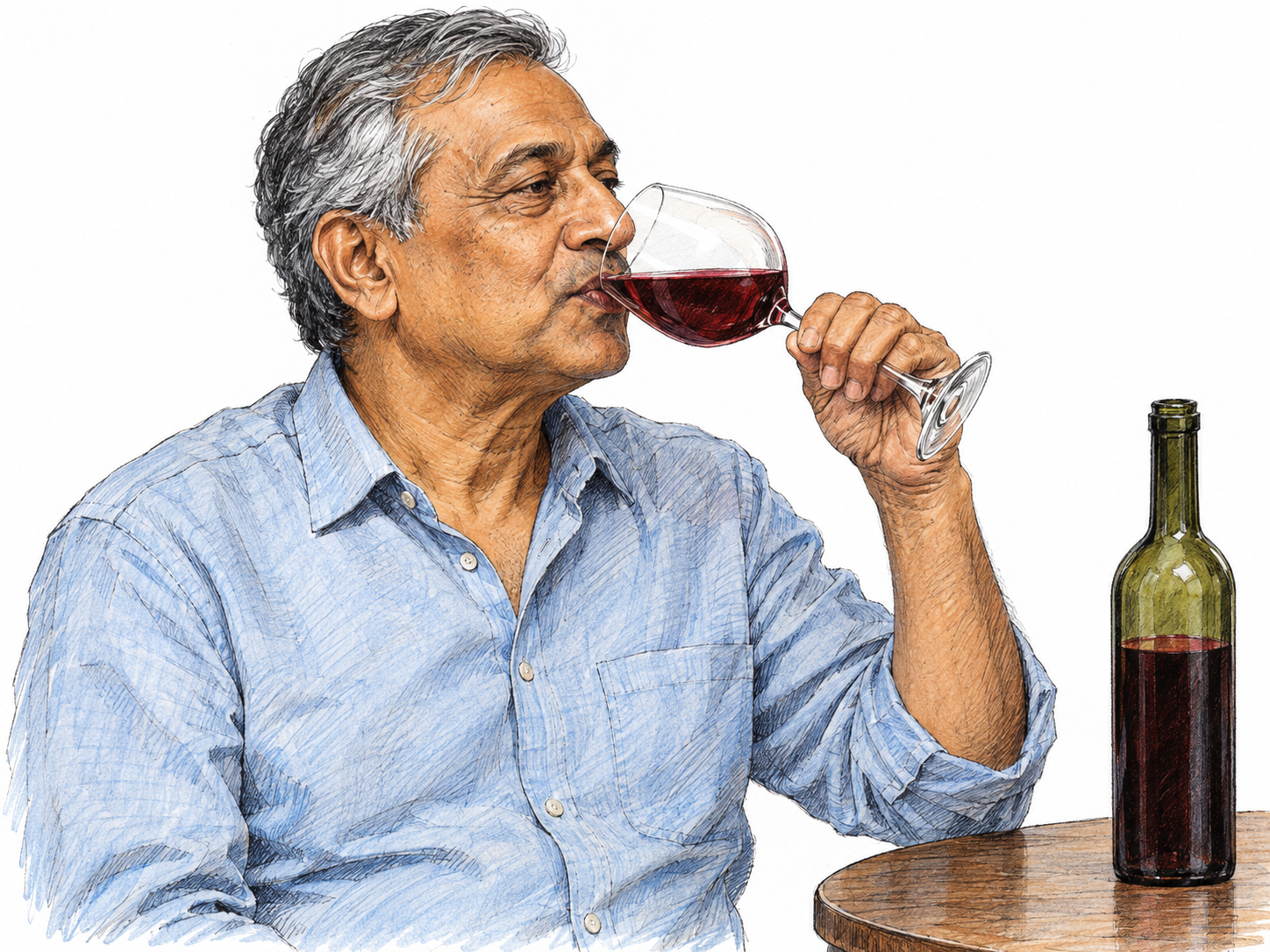 An older man visibly drinking red wine from a tilted stemmed glass, with an open wine bottle nearby reinforcing the alcoholic-drink context.