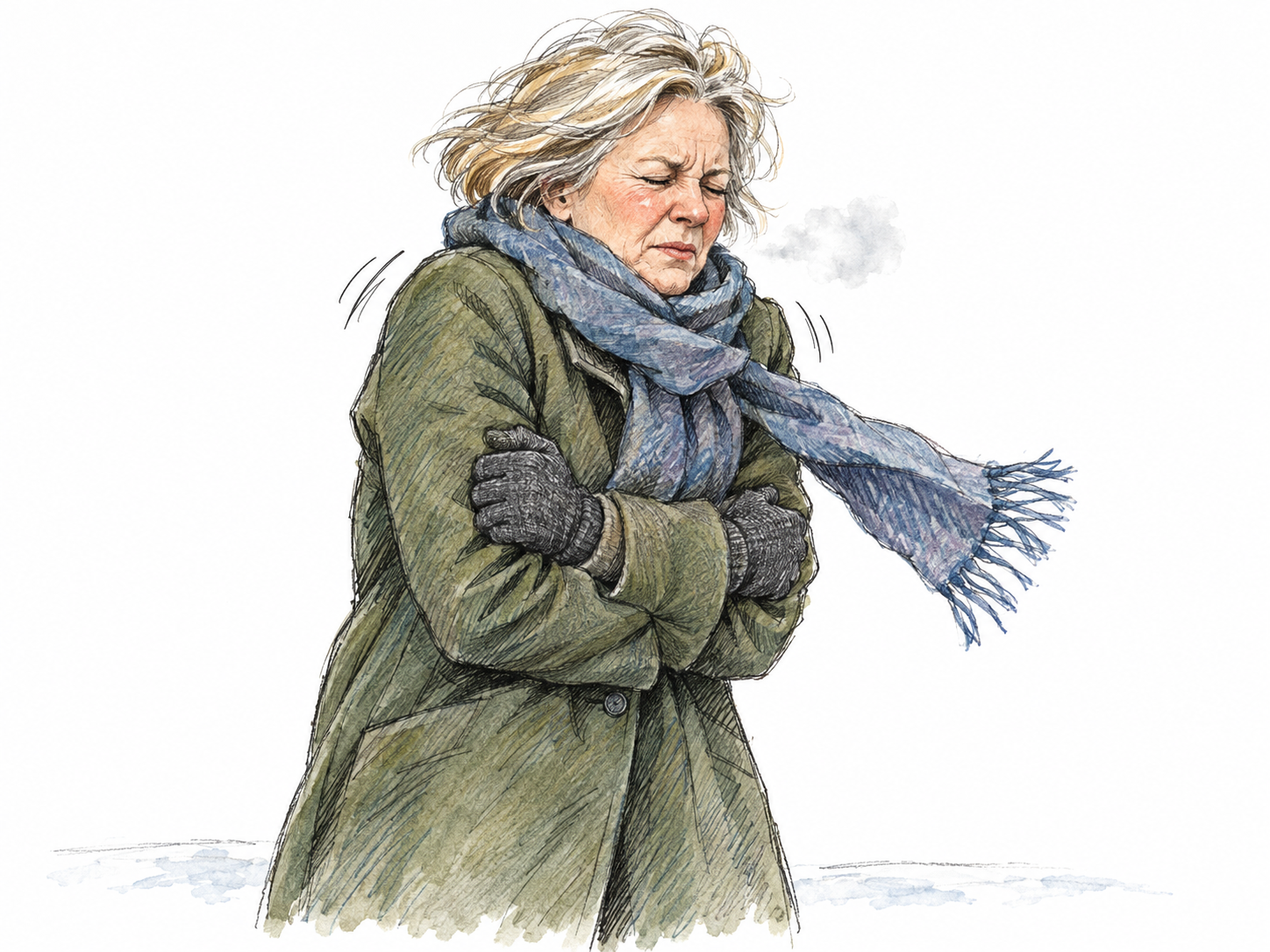 An older woman outdoors in a cold gust gives a sudden involuntary shudder, shoulders jerking upward and arms drawing tightly across her chest.