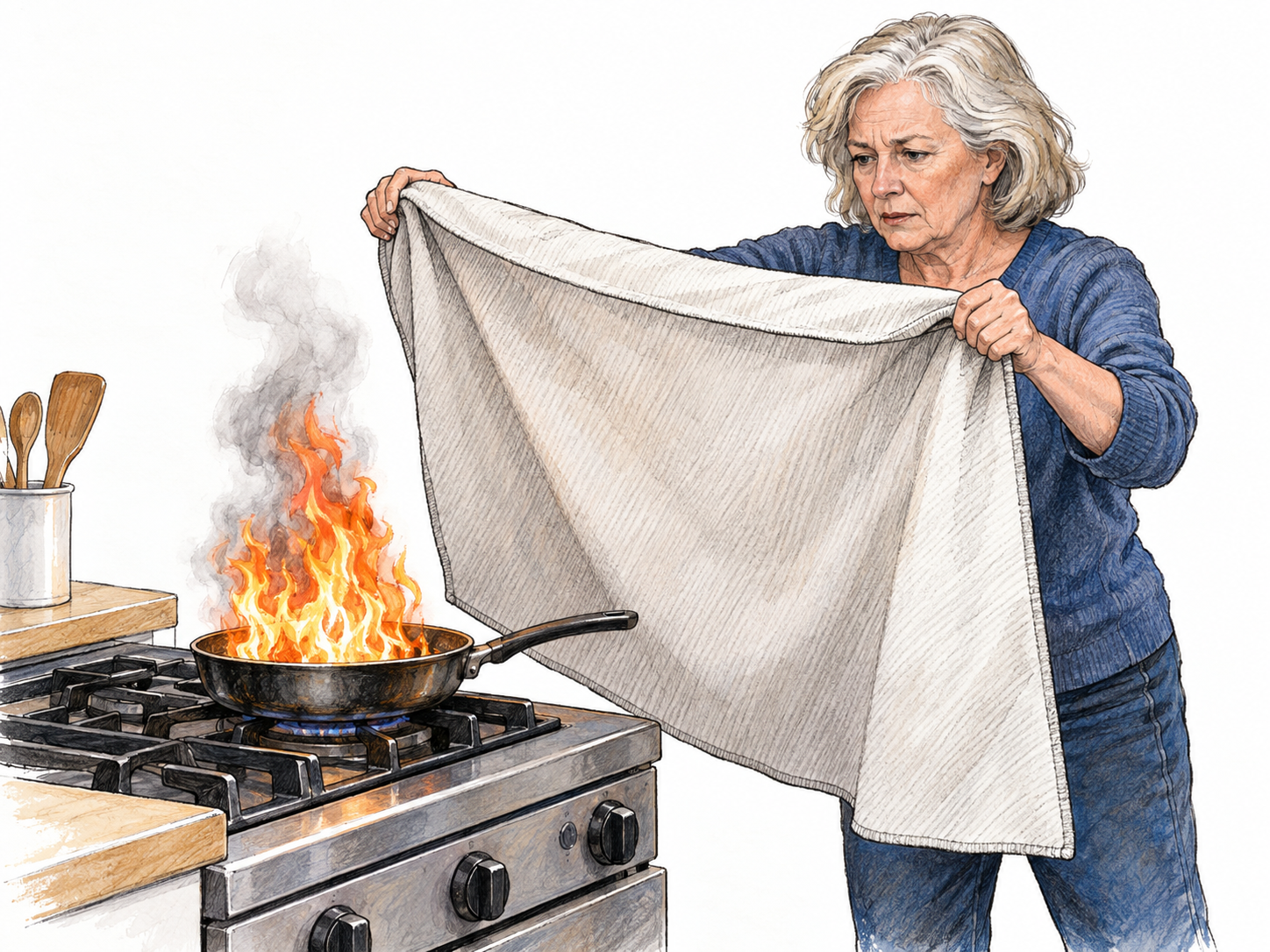 A sudden kitchen pan fire demands immediate action: an older woman urgently brings a fire blanket over the burning pan.