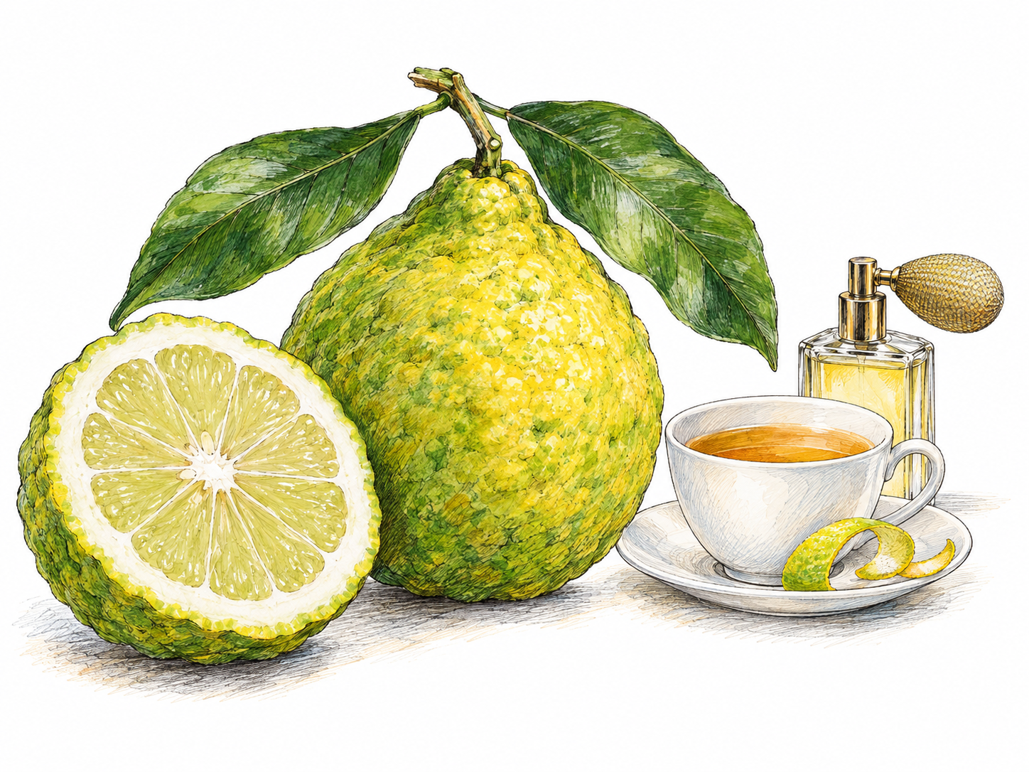 A botanical still life centered on bergamot citrus: a whole yellow-green, lightly pebbled fruit with attached leaves and a cut half revealing pale citrus segments.