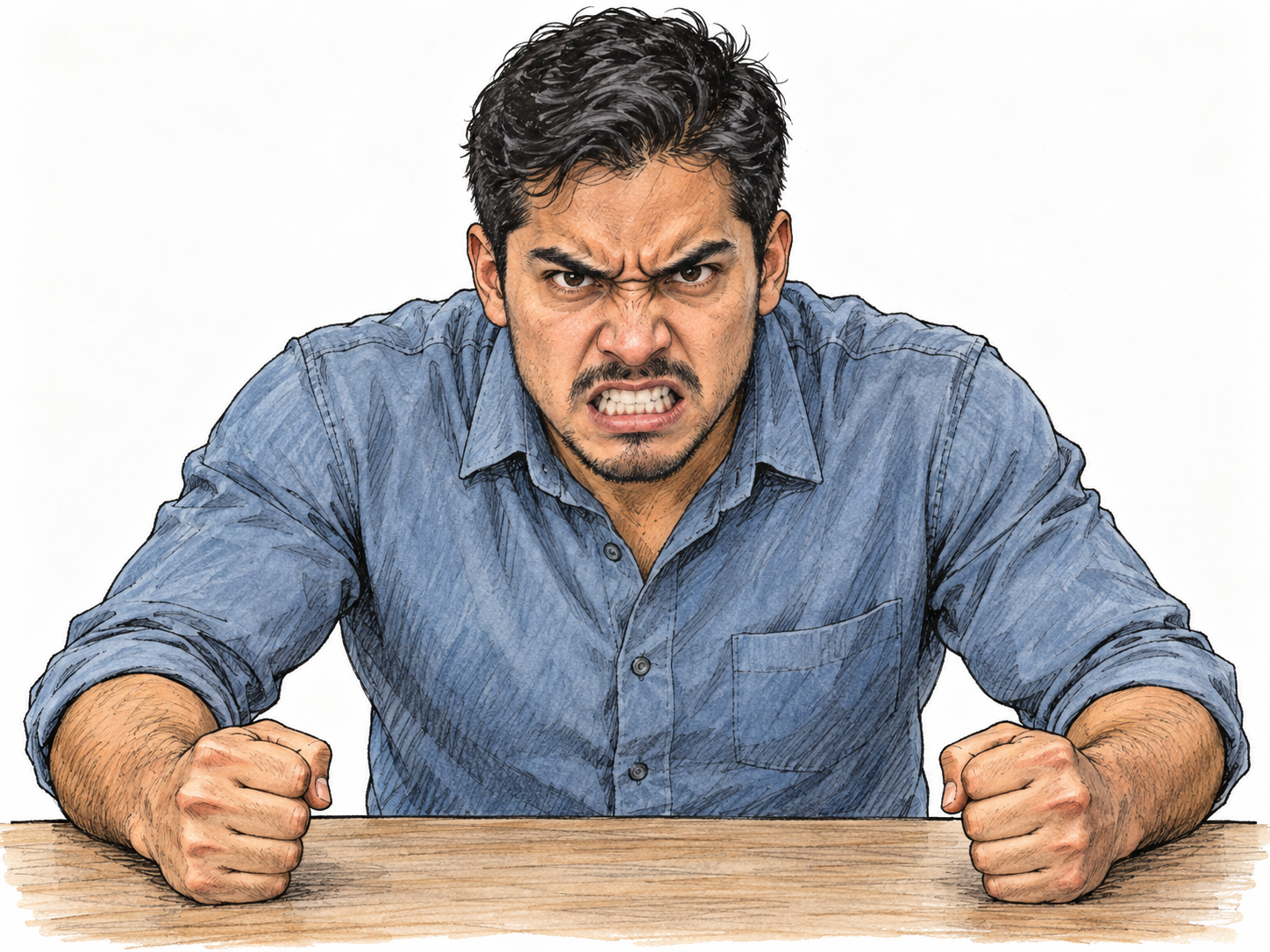 A visibly furious man leans over a plain table, pressing clenched fists against its surface.