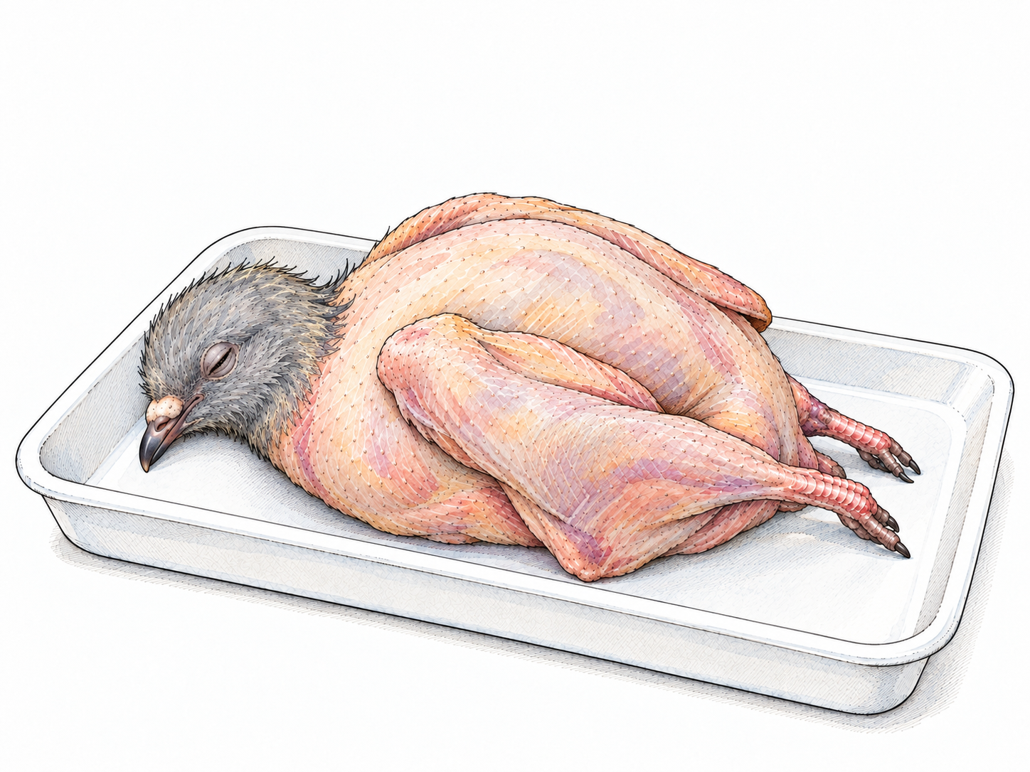 A small, plucked squab on a plain butcher’s tray, its retained pigeon head and short beak identifying the bird while its dressed body makes the food sense explicit.