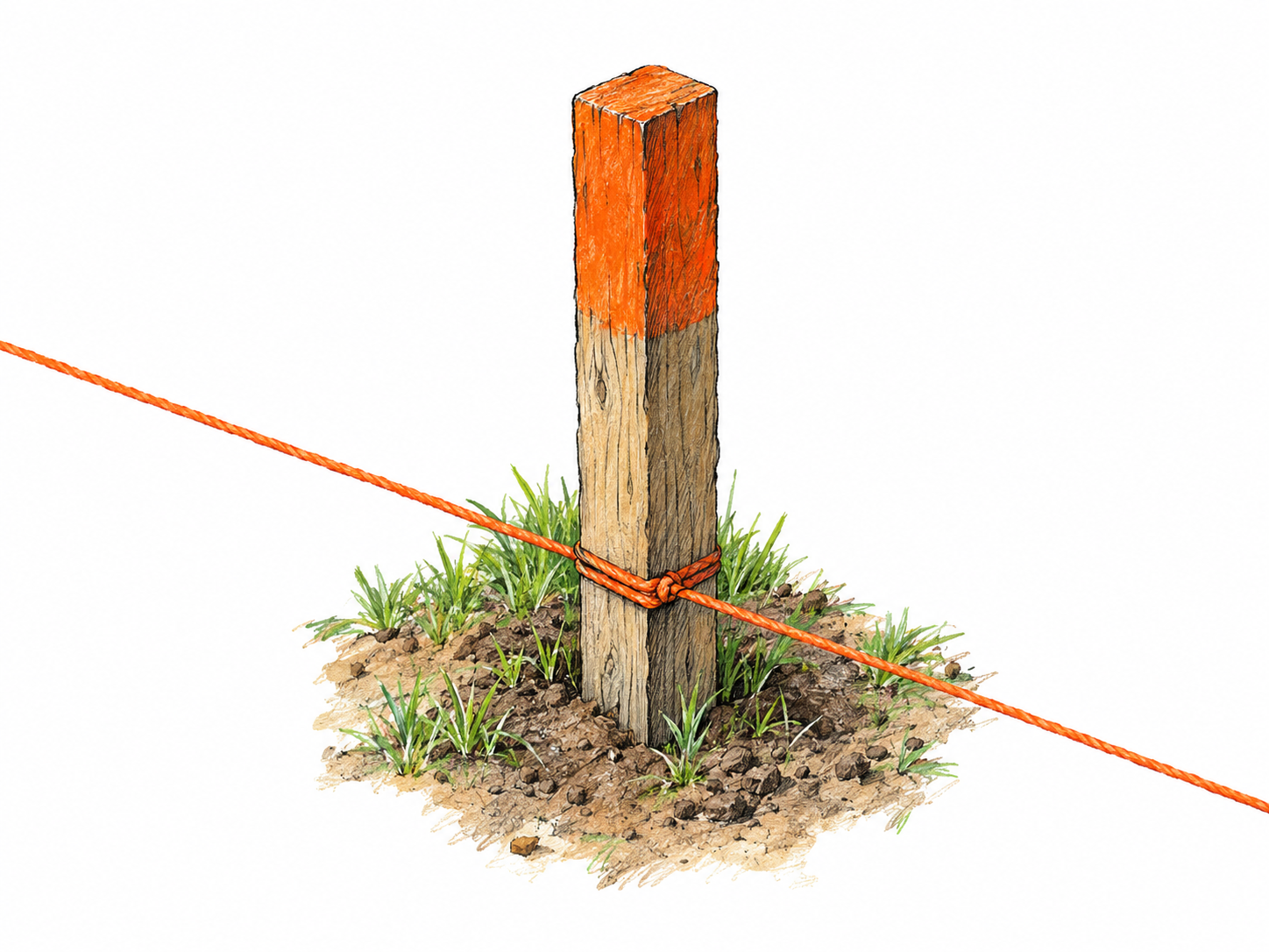 A bright survey stake marks the corner where two taut boundary strings meet on a small patch of ground.