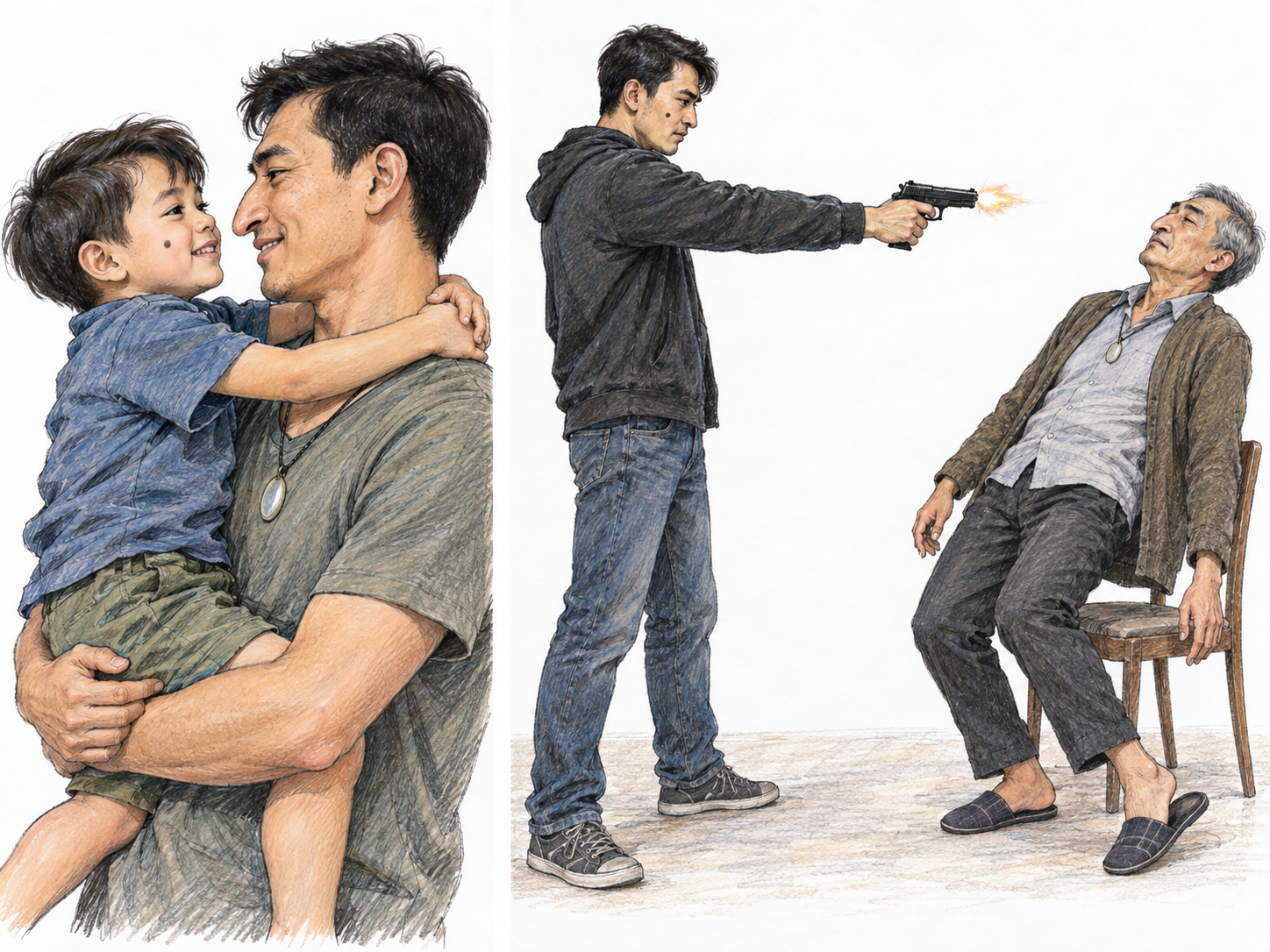 A compact two-panel sequence establishes a father raising his son, then shows the grown son killing that same father in a non-graphic shooting.