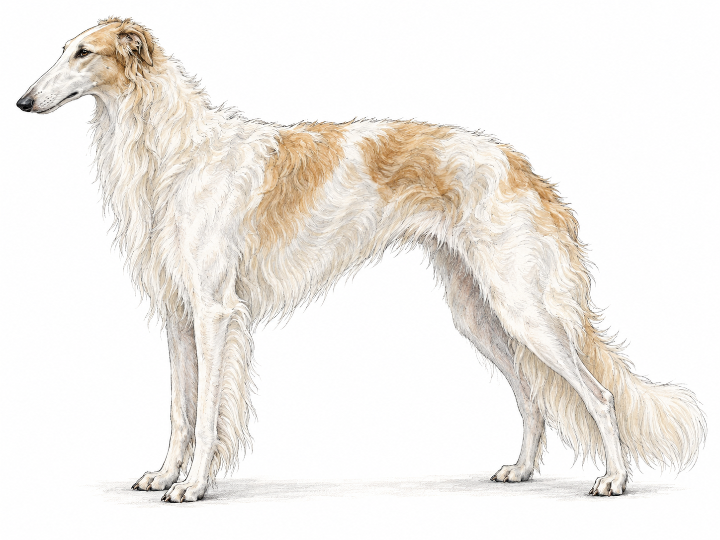 A single adult borzoi standing in clear side profile, displaying its tall, slender build, exceptionally long narrow head, deep chest, tucked abdomen, and long silky coat.