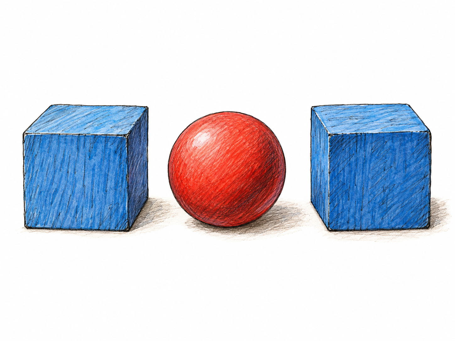 A red ball rests in the open gap between two matching blue wooden blocks, making the spatial sense immediately visible.