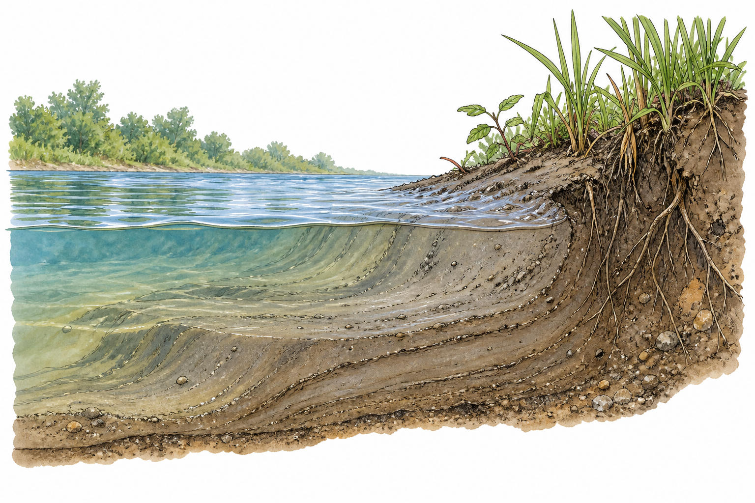 Riverbank cutaway showing fine silty mud sediment deposited where slow water meets shore.