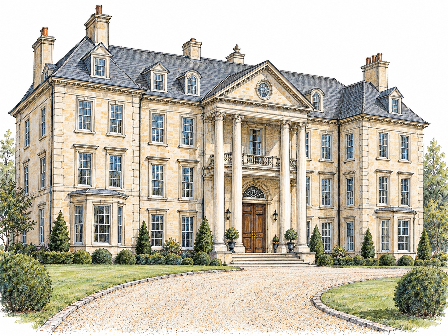 An imposing private residence with three stories, broad symmetrical wings, many tall windows, and a grand central entrance, shown with only a short curved drive and clipped shrubs.