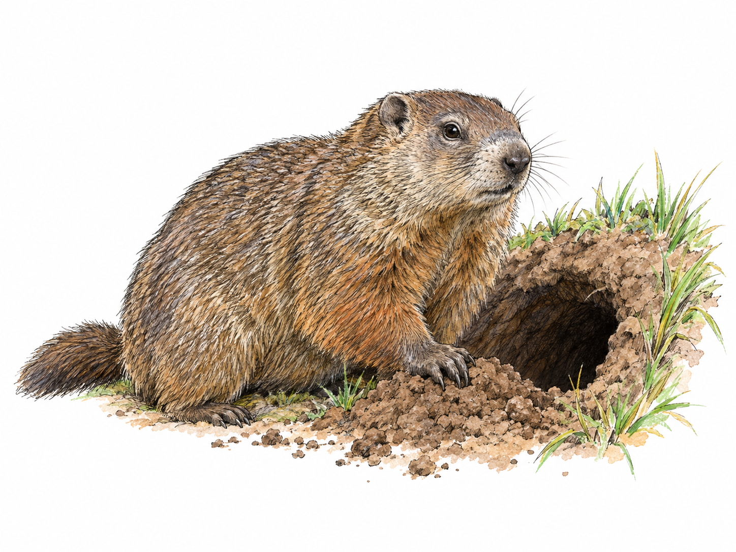 A single groundhog pauses beside the entrance to its earthen burrow, with a small patch of grass and freshly displaced soil making its burrowing habitat clear.