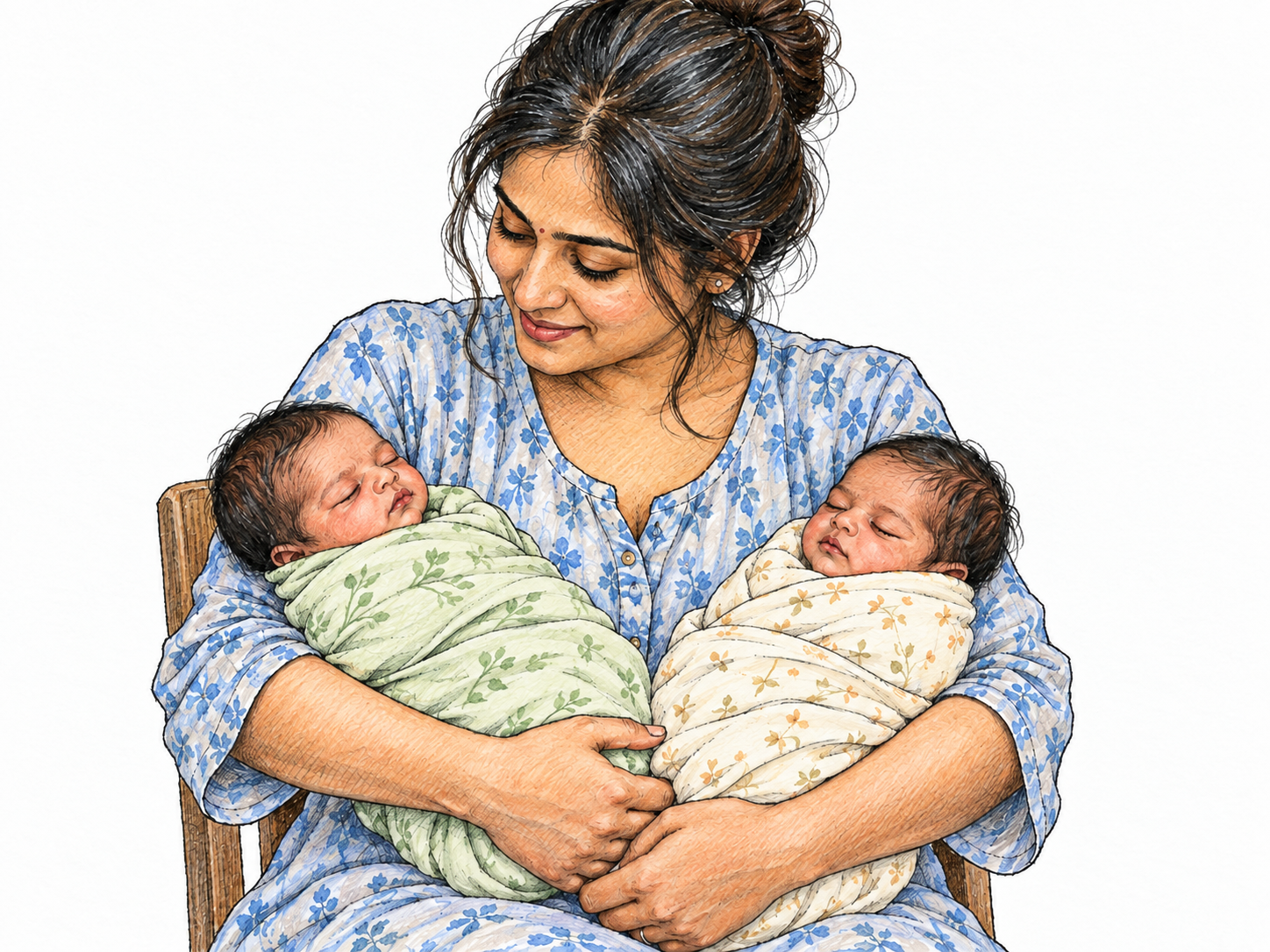 A young mother cradles her two newborn twins together, one in each arm, making the pair from a single birth the clear focus.