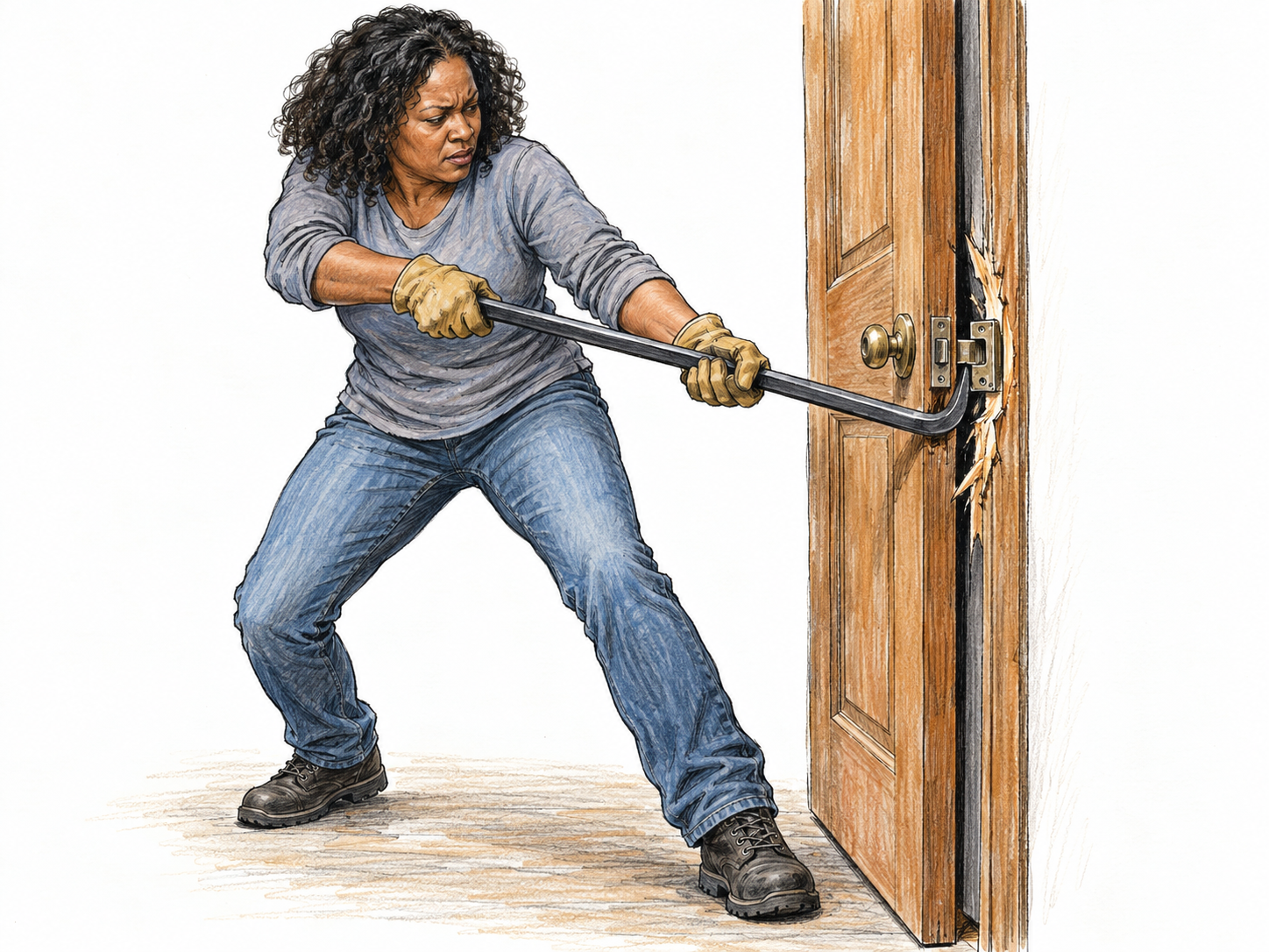 A woman forces a locked wooden door open with a crowbar; the visibly splitting wood around the still-engaged latch makes physical power overcoming resistance explicit.