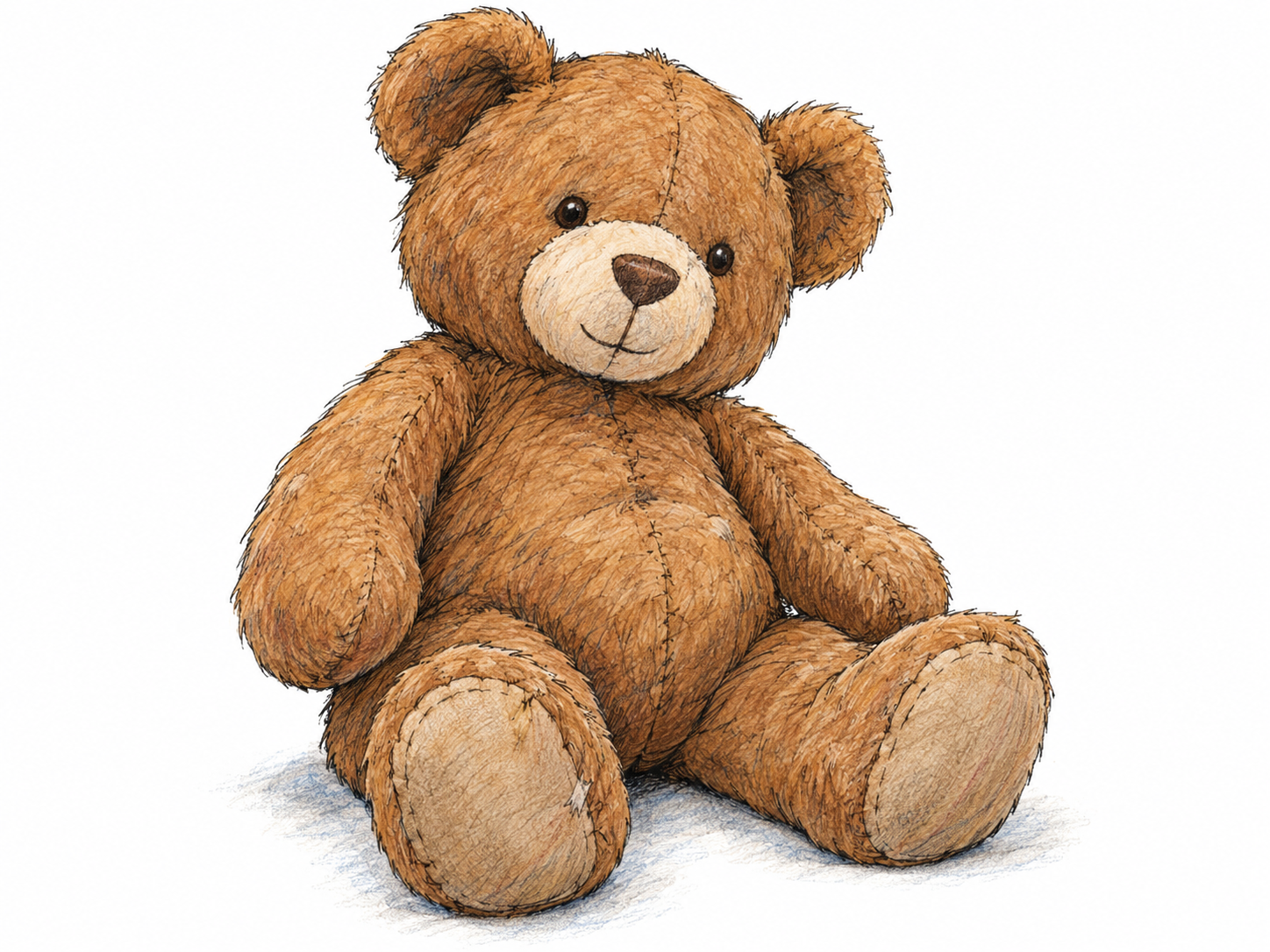 A single soft, well-loved stuffed toy bear seated upright, with rounded ears, plush limbs, visible sewn seams and a gently worn fabric surface.