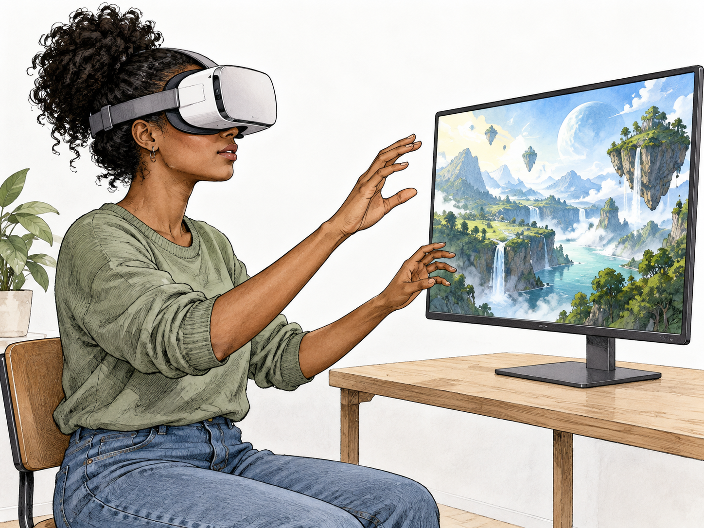 A young Black woman wearing a virtual-reality headset reaches toward a simulated luminous three-dimensional landscape visible as a small computer display beside her; the real room is plain, and the screen contains only visual scenery, no letters or interface text.