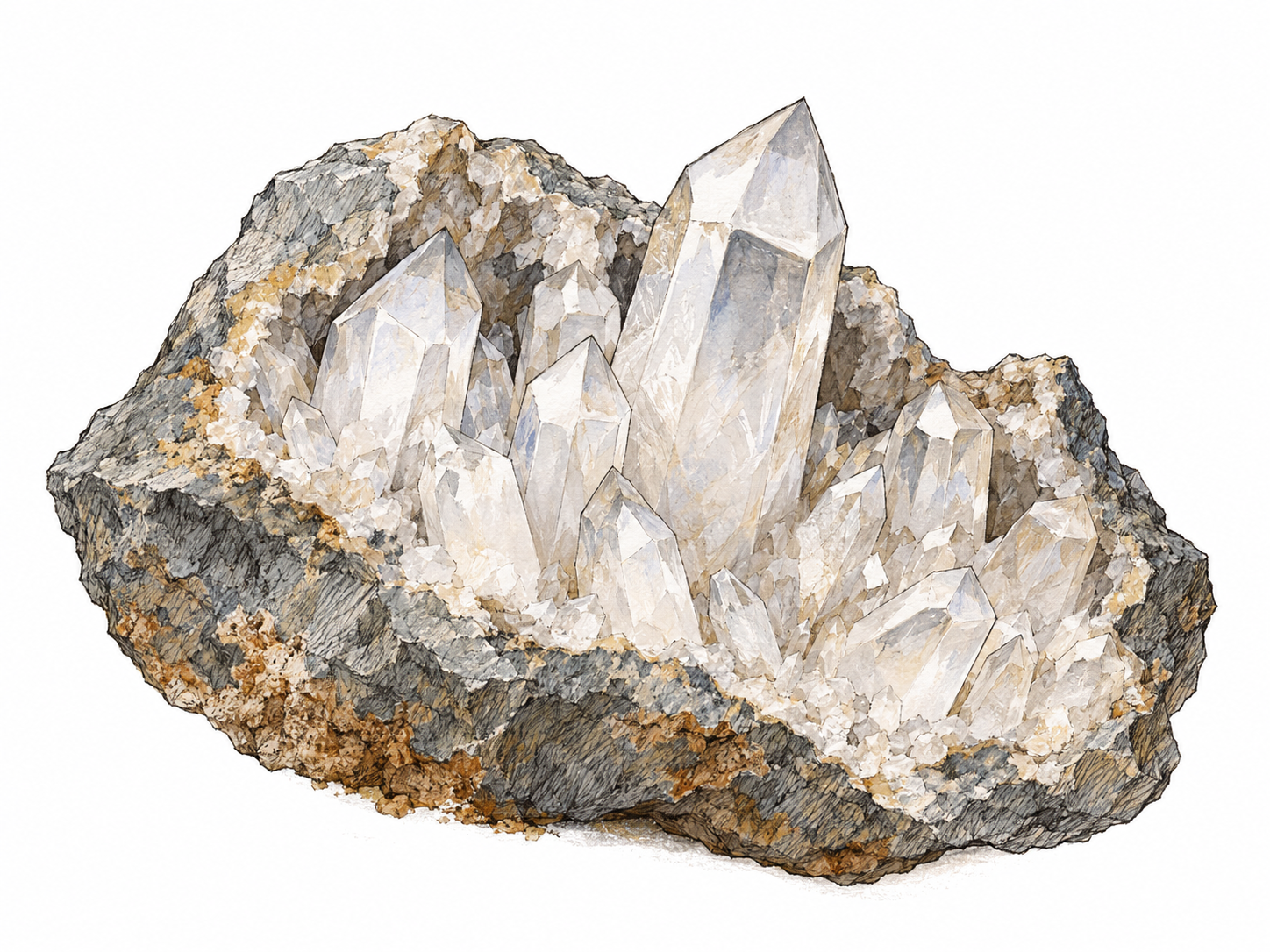 A naturally formed quartz crystal cluster remains embedded in a broken-open piece of earth's rock, showing recognizable mineral crystals in their natural setting rather than as jewelry or a manufactured object.