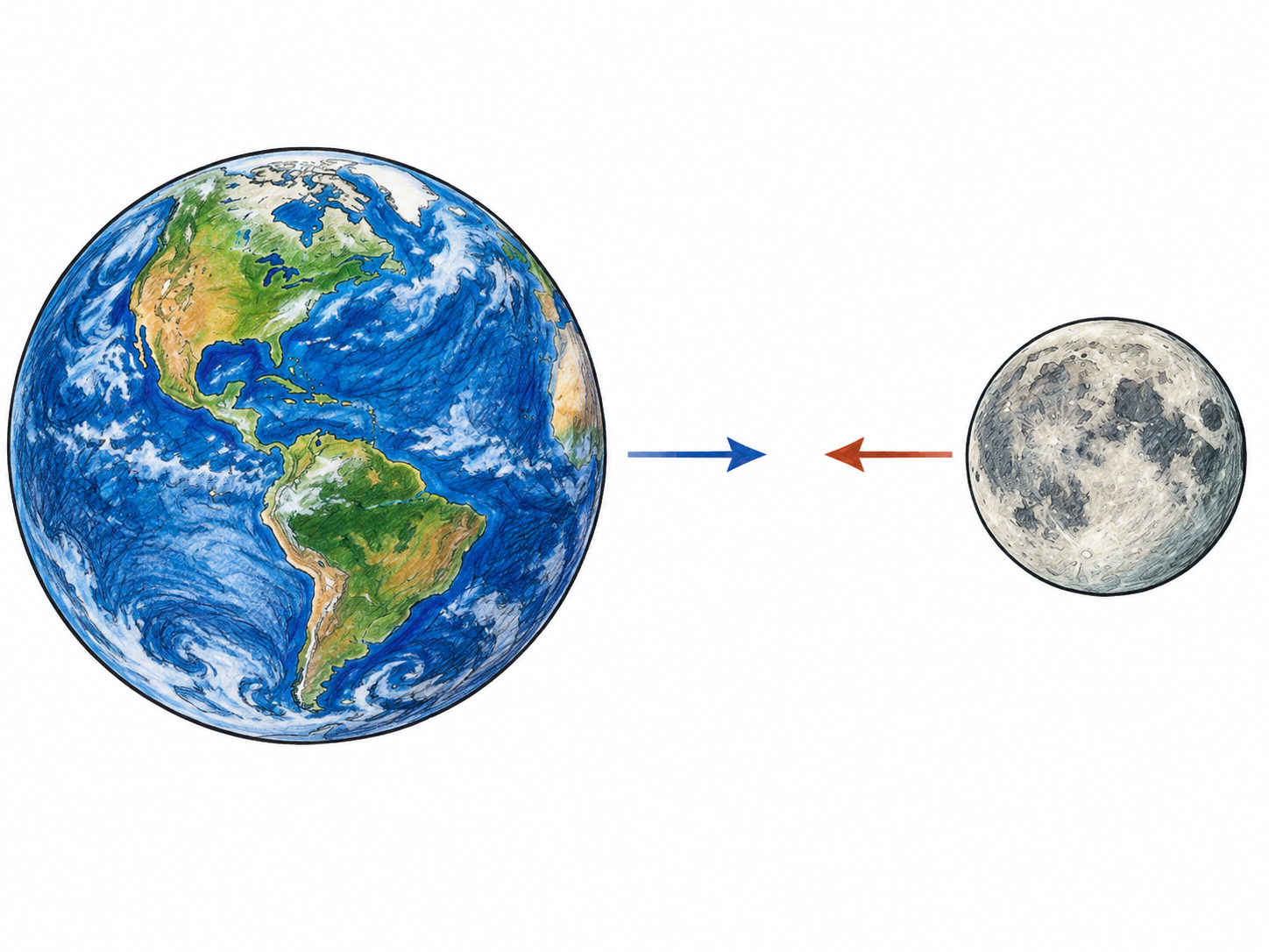 A simple physical illustration of Earth and Moon, with two small thin functional arrows pointing each body toward the other to show mutual gravitational attraction; no orbit diagram, labels, equations or star-filled panorama.