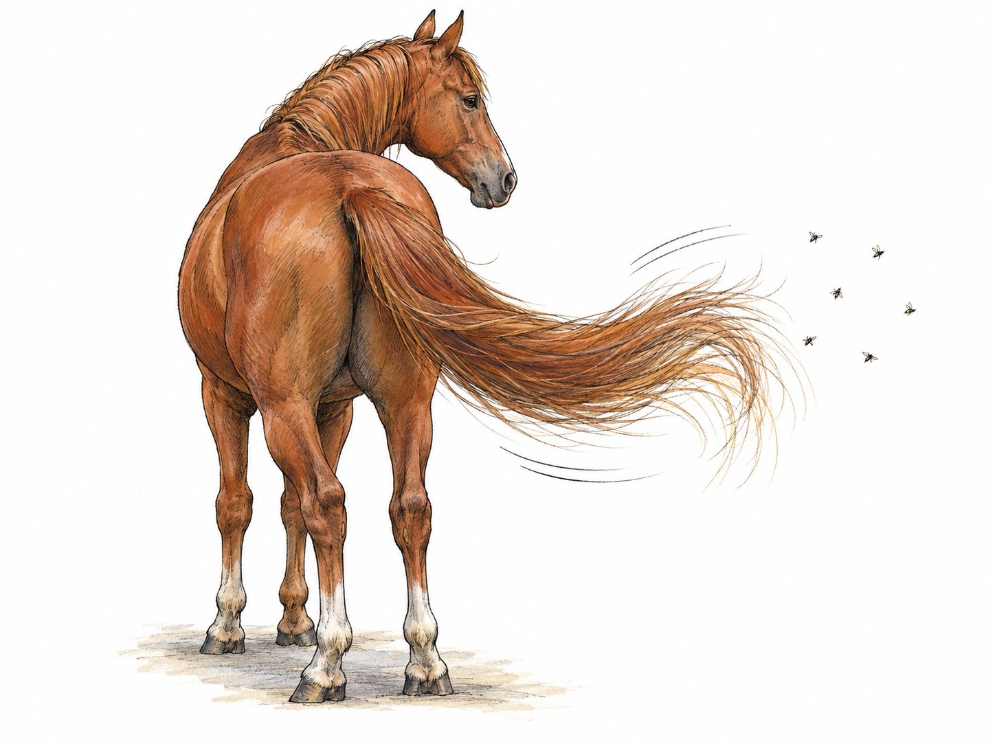 A horse swishes its long, loose tail sideways through the air, the fine hairs fanning into a flowing curve as nearby flies scatter.