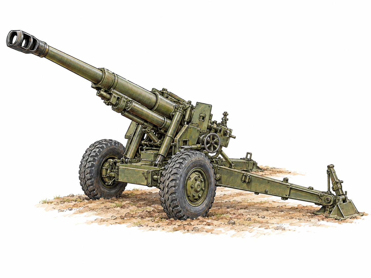 A large towed field howitzer on deployed stabilizing trails, clearly showing its long elevated barrel, heavy breech, recoil assembly, and wheeled carriage.