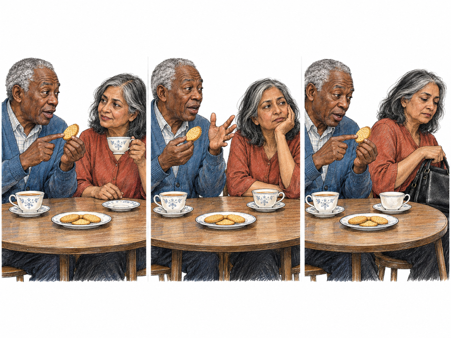 A three-panel tea-table sequence shows an older man continuing an animated monologue about an ordinary biscuit long after his companion has finished her tea and begun gathering her things.