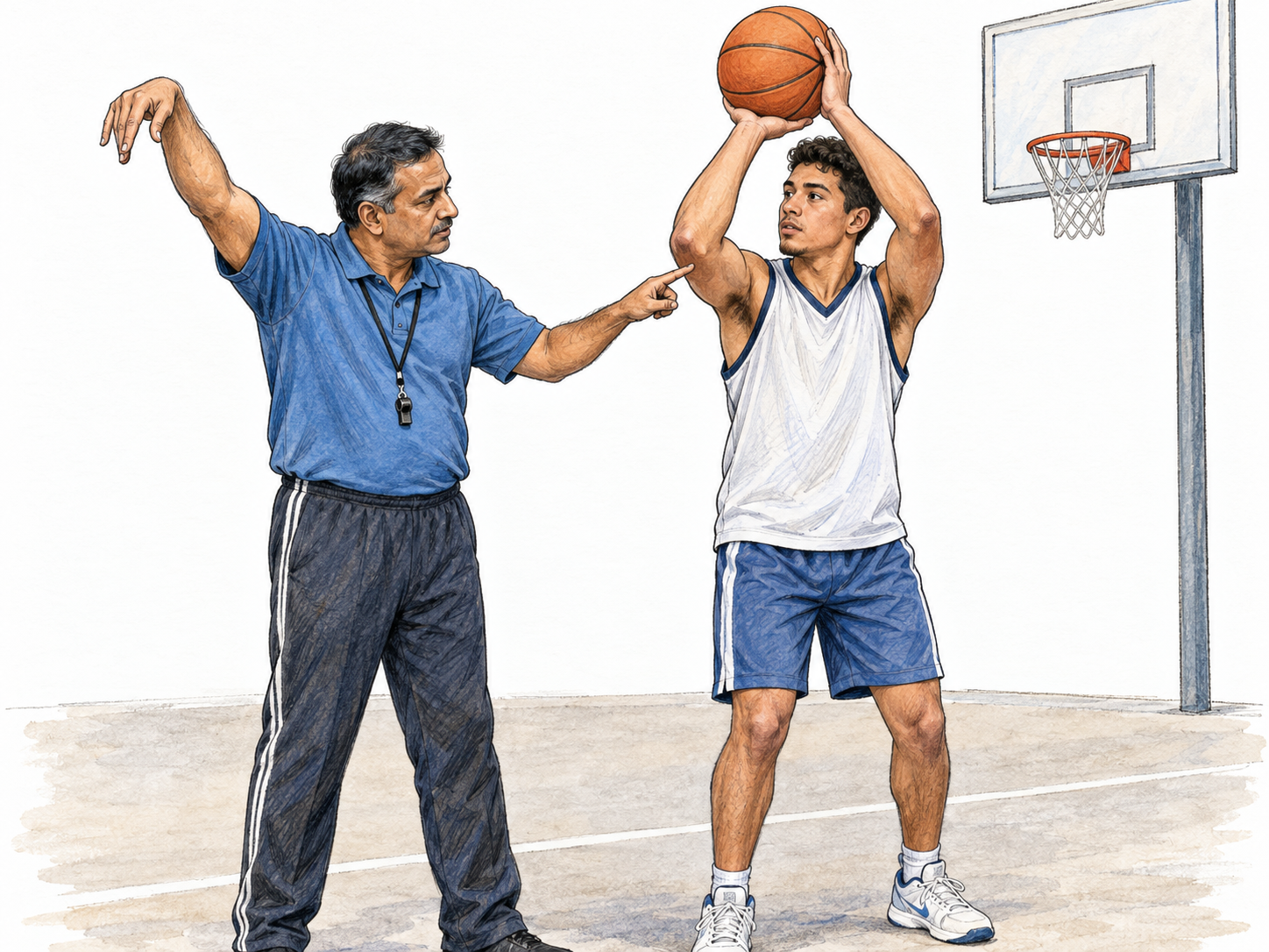 A basketball coach instructs a young adult player on shooting form during practice, visibly demonstrating elbow alignment while the player holds the ball ready to shoot.