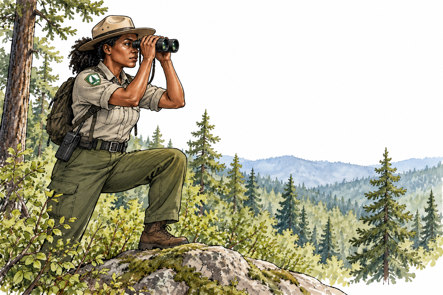 A Black female park ranger scans the woodland with binoculars for possible danger, careful alert posture.