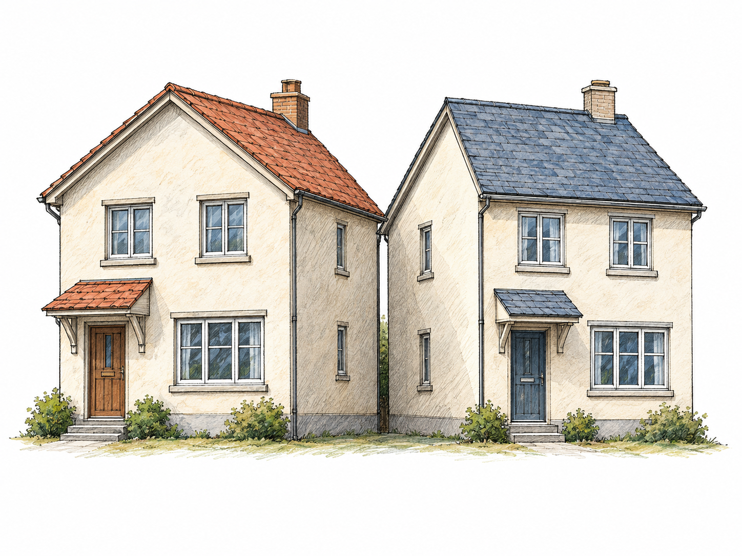 Two simple houses stand immediately next to each other, their neighboring side walls separated by only a narrow gap.