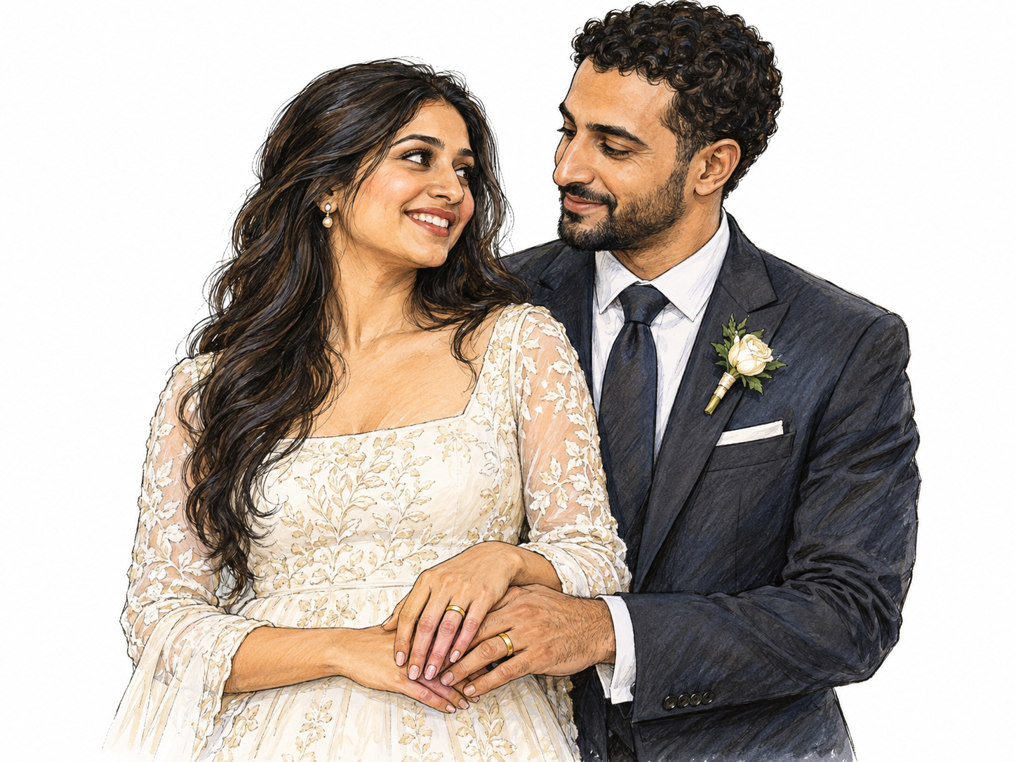 A newly married woman stands prominently beside her husband, their left hands resting together with matching wedding bands visible.