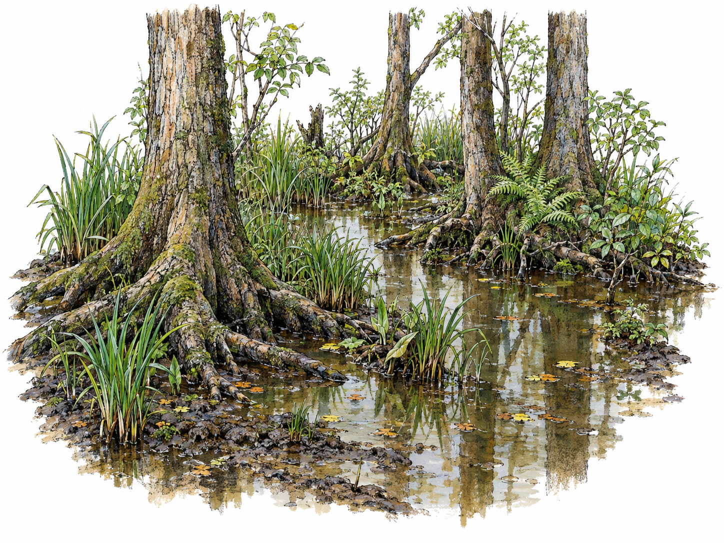 A compact wooded swamp with shallow standing water surrounding tree trunks, muddy waterlogged ground, exposed roots, and dense wetland vegetation.