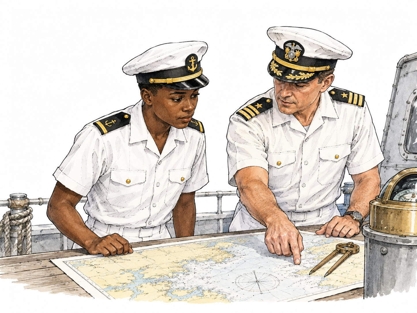 A Black naval cadet in neat training uniform learns navigation beside an experienced officer.