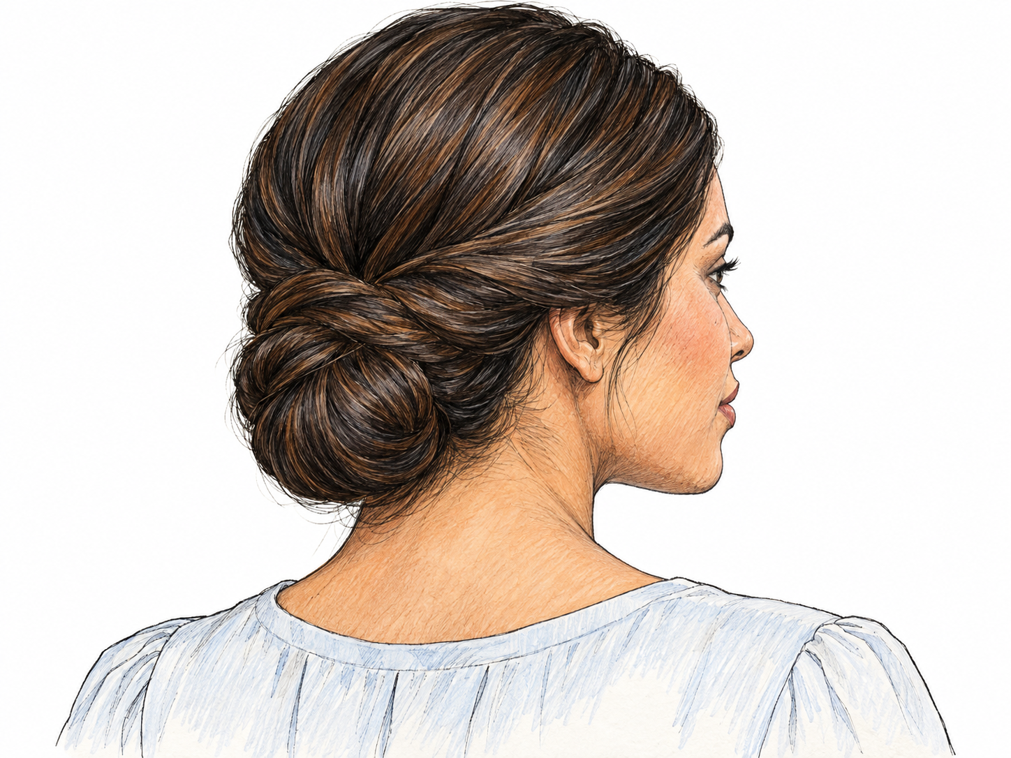 A close three-quarter rear portrait emphasizing a woman's carefully arranged hairstyle: smooth swept sections gathered into an elegant, clearly structured low chignon.