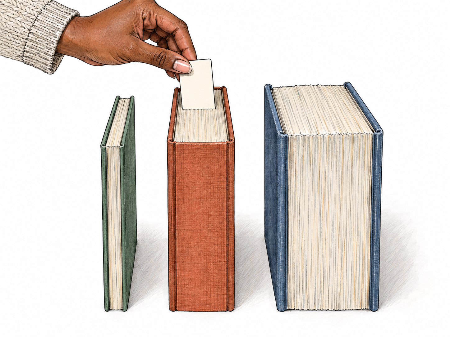 A reader selects the intermediate-length book between a thin story and a thick novel.