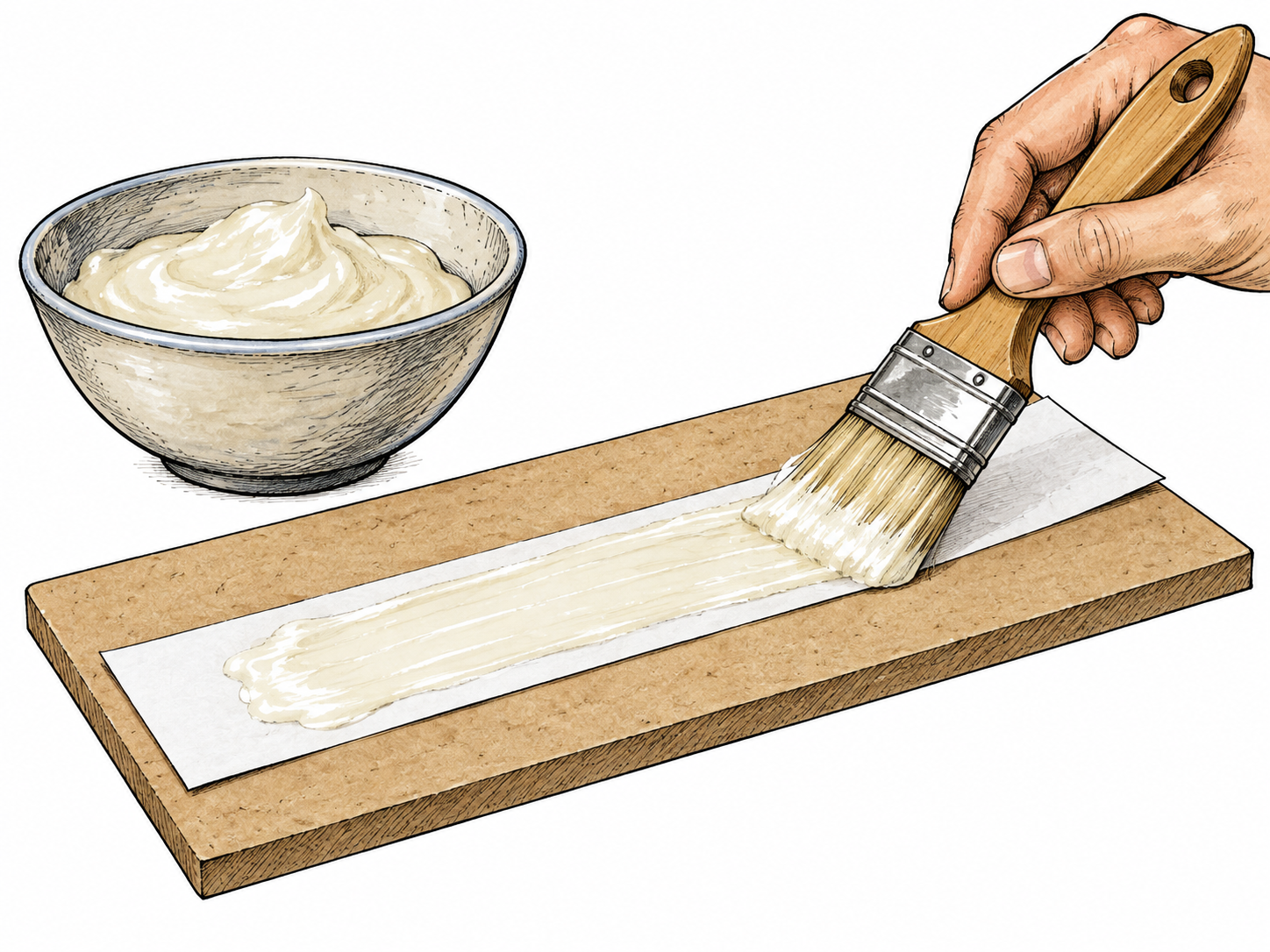 A brush spreads thick pale adhesive paste onto the back of a blank paper strip before attachment to a plain board.