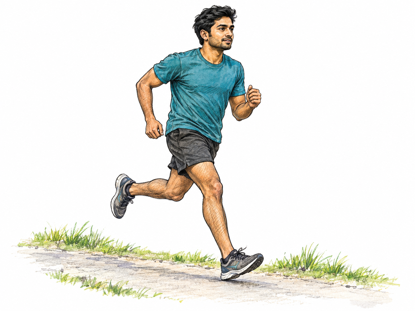 A young adult man runs energetically along a short park path, visibly caught mid-stride with pumping arms and one foot lifted well behind him.