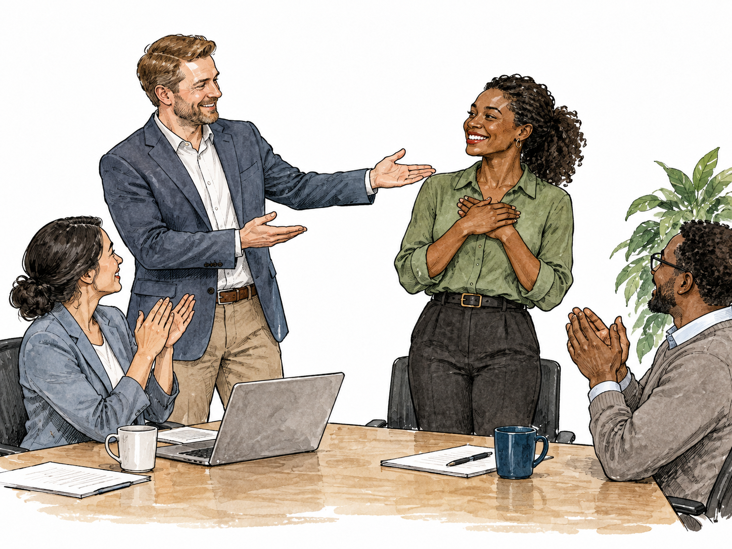 A white project leader graciously points toward the Black colleague who completed the work as teammates applaud her contribution.