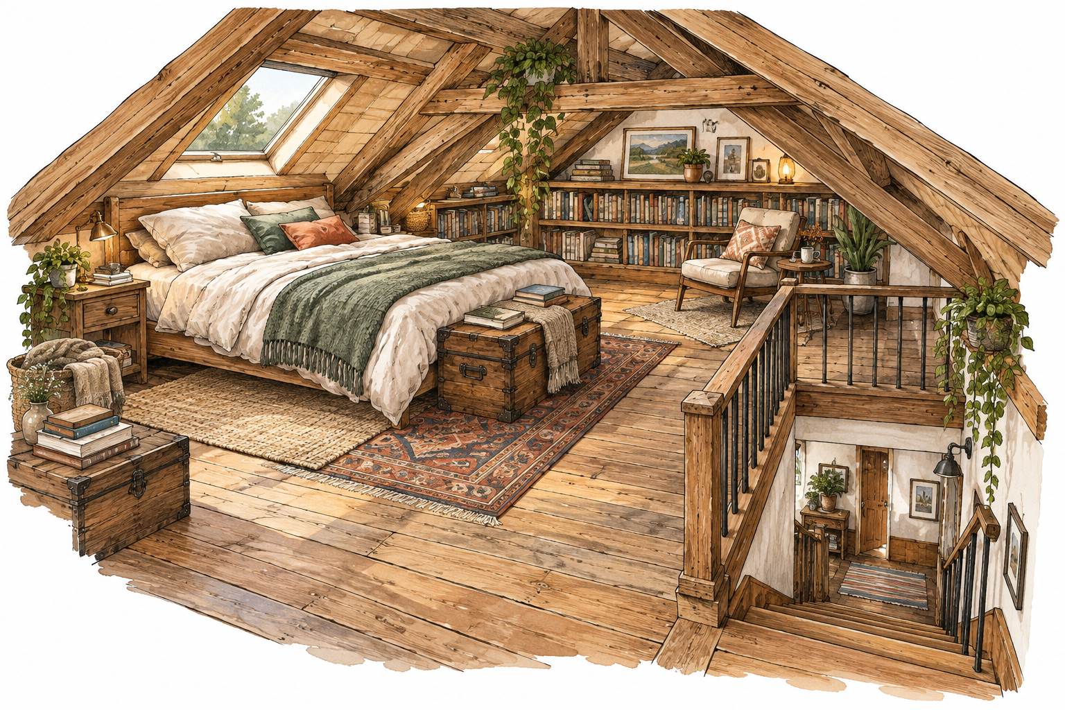 Cozy open loft room beneath sloping timber roof, bed books and stairs leading down.