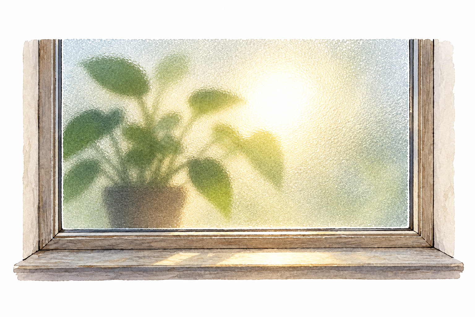 Backlit frosted glass pane diffuses light into a soft glow, blurred plant silhouette behind.