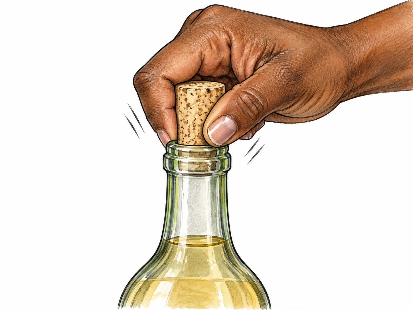 Adult hand tries pulling a snug cork from a bottle neck, cork fits very tightly with no gap, hand gripping firmly, simple unlettered glass bottle, no branding.