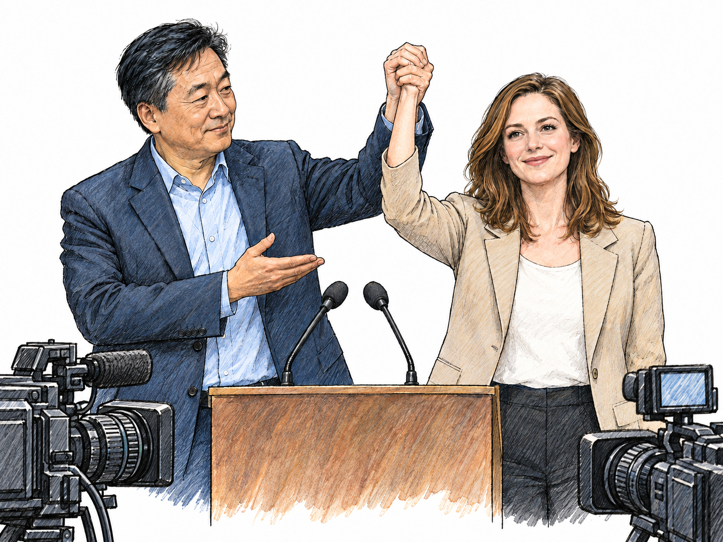 At a public press event, a middle-aged man visibly lends his support to a younger woman by raising their joined hands while presenting her to the press with his free hand.