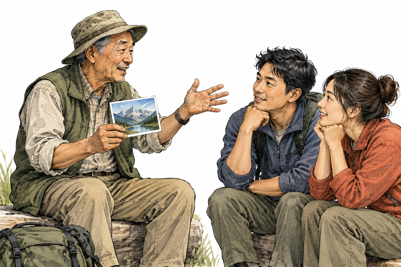 An older East Asian man recounting a trip to two engaged listeners using gestures and a single unlettered travel photograph, no speech bubbles.