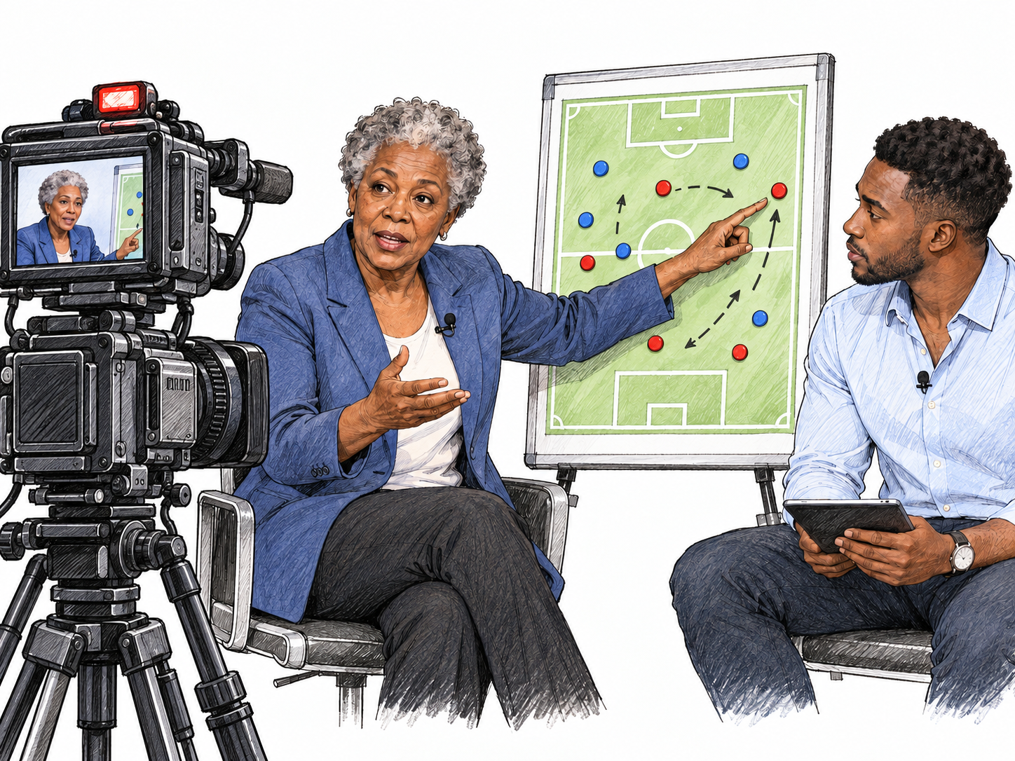 A televised sports analyst gives an animated tactical assessment, pointing to a soccer formation diagram while a presenter listens and a broadcast camera records the discussion.